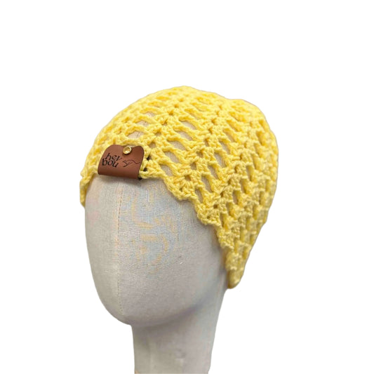 Yellow Open Lace Double Crochet Adult Beanie 53-74cm H 21cm HeyBou - Made by Lisa