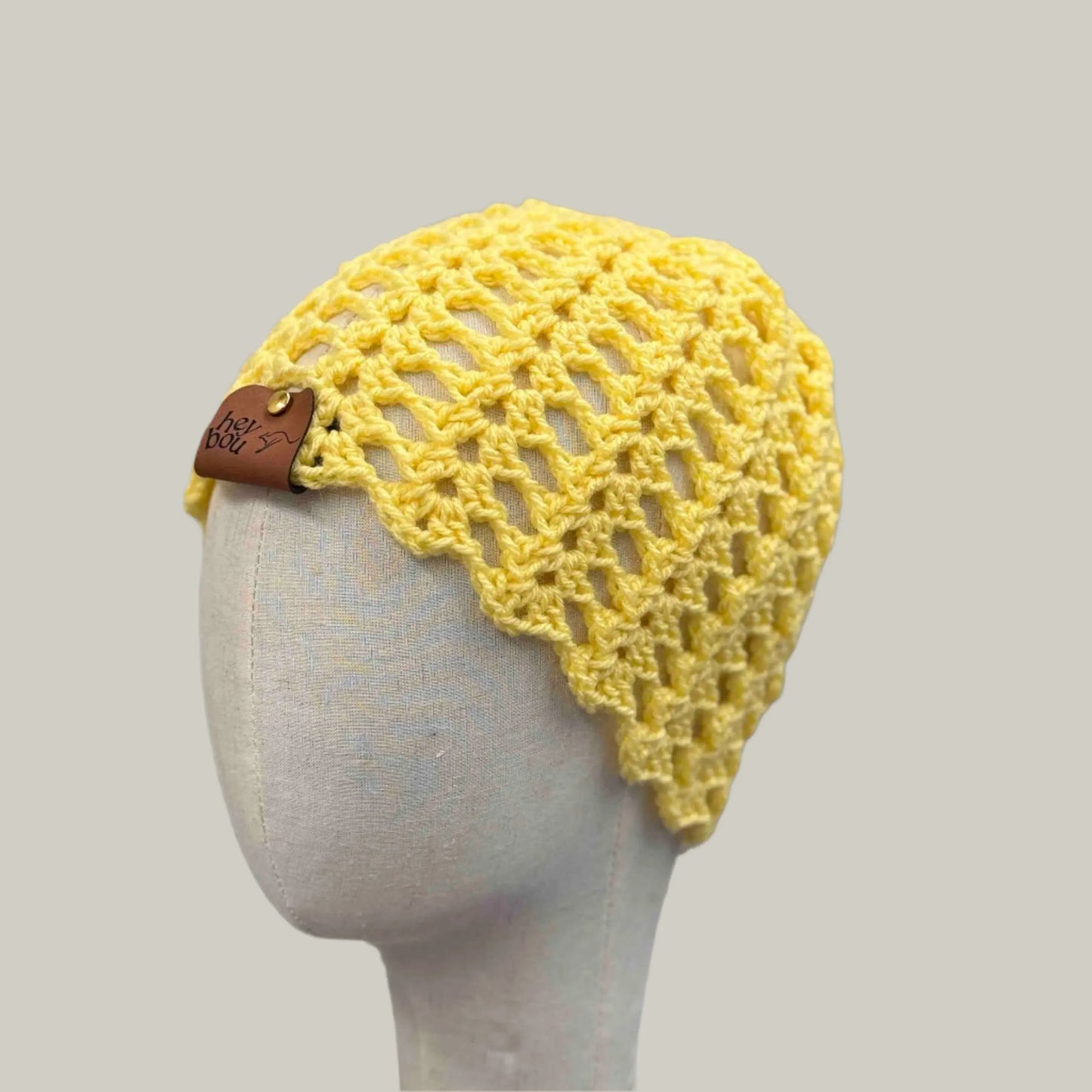 Yellow Open Lace Double Crochet Adult Beanie 53-74cm H 21cm HeyBou - Made by Lisa