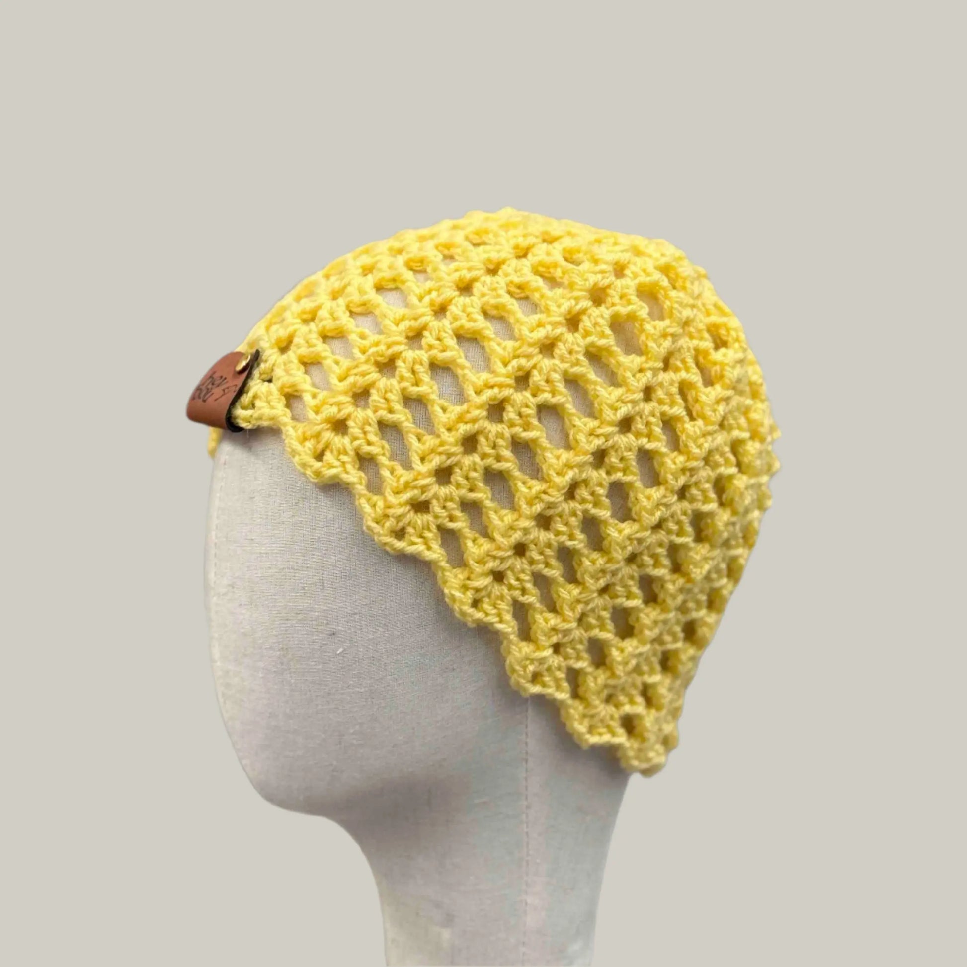 Yellow Open Lace Double Crochet Adult Beanie 53-74cm H 21cm HeyBou - Made by Lisa