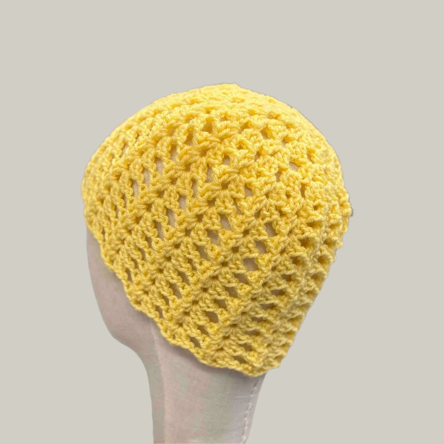 Yellow Open Lace Double Crochet Adult Beanie 53-74cm H 21cm HeyBou - Made by Lisa