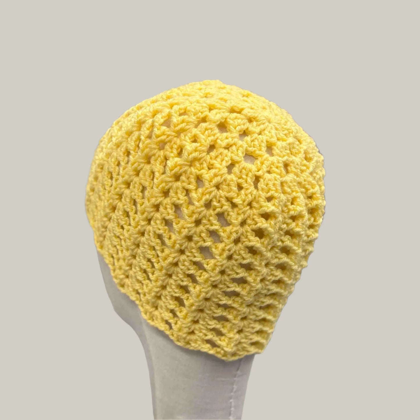 Yellow Open Lace Double Crochet Adult Beanie 53-74cm H 21cm HeyBou - Made by Lisa
