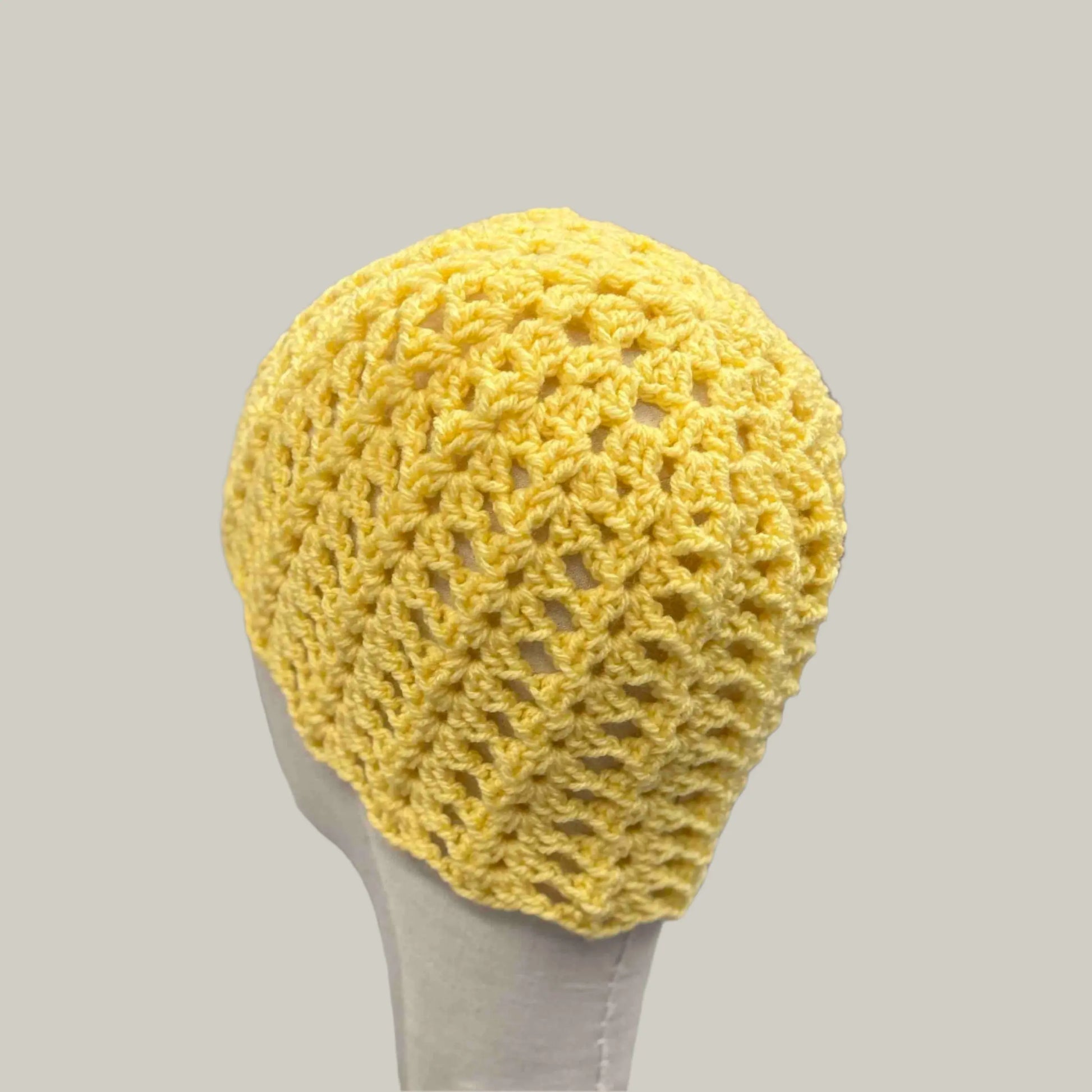 Yellow Open Lace Double Crochet Adult Beanie 53-74cm H 21cm HeyBou - Made by Lisa
