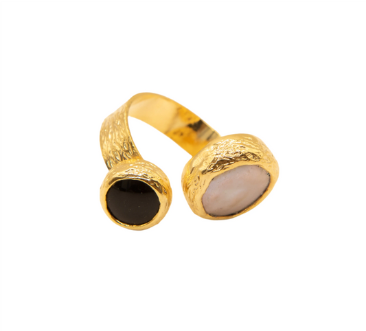Gold Plated Black and Freshwater Pearl Ring Hey Bou