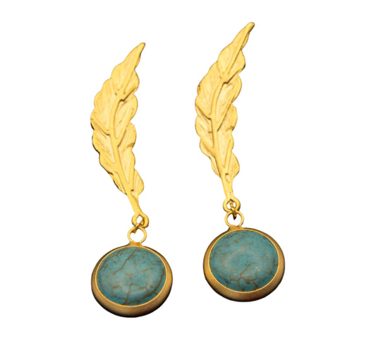 Gold Plated Natural Stone Leaf and Feather Earrings Hey Bou