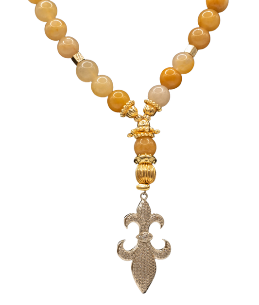 Fleur-de-lis with Champagne Natural Stone Bead Necklace Point